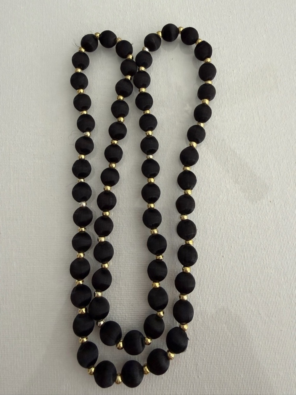 30” vintage Black  silk thread wrapped Necklace with Gold Accents